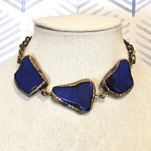 Lena Bernard Brushed Gold Matte Blue Lapis Lazuli Stone Chunky Beaded Necklace